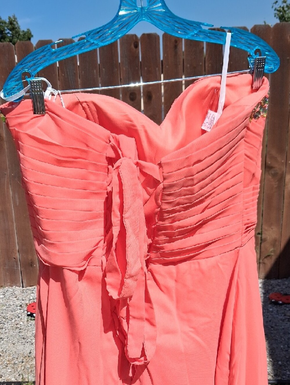 Strapless Coral Evening Gown with Embellished Sweetheart Bodice - Picture 4 of 6